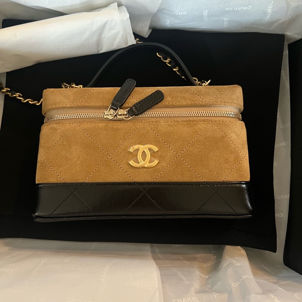 Chanel 26S slim vanity suede and black leather gold hardware